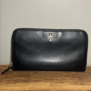 Prada Black Saffiano Leather Zip Around Wallet